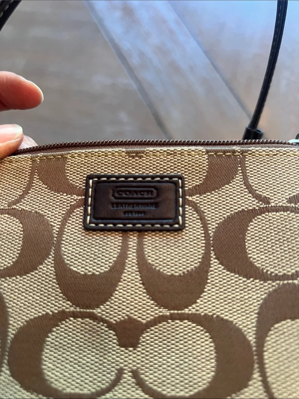 Coach Tan and Brown Signature Canvas Wristlet